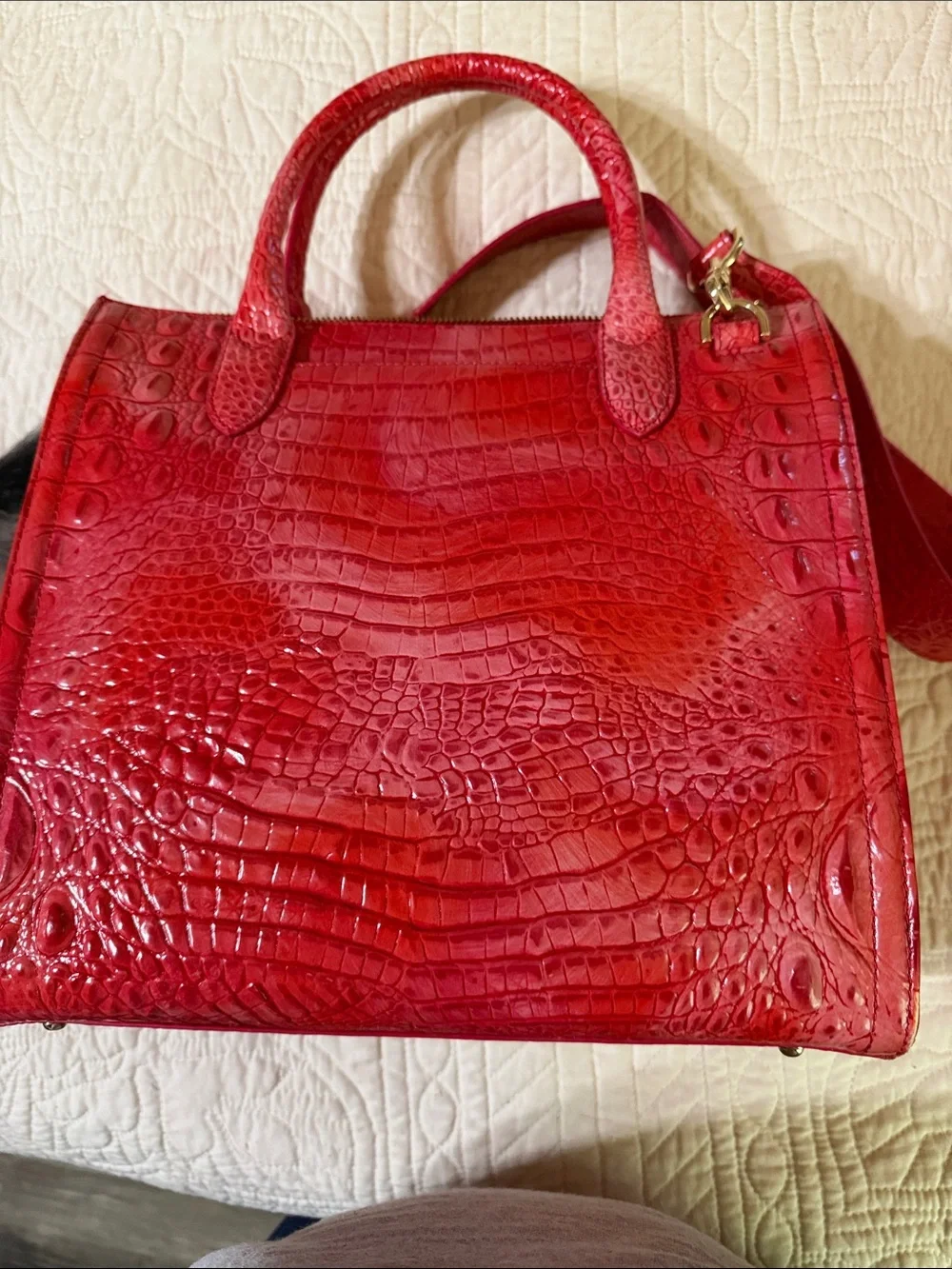 Brahmin Bright Orange/Pink Croc Embossed Leather Satchel w/ Shoulder Strap